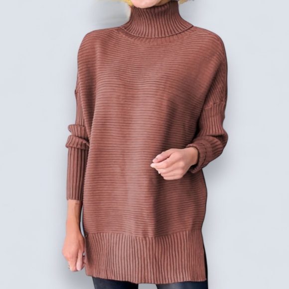 LILLUSORY Turtleneck Oversized Ribbed Tunic Sweater Chocolate Brown S Casual - Picture 8 of 15
